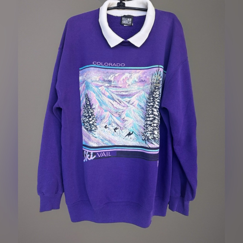 Jerzees Womens Vintage Ski Vail Colorado Purple Sweatshirt Mountain Snow Art XL